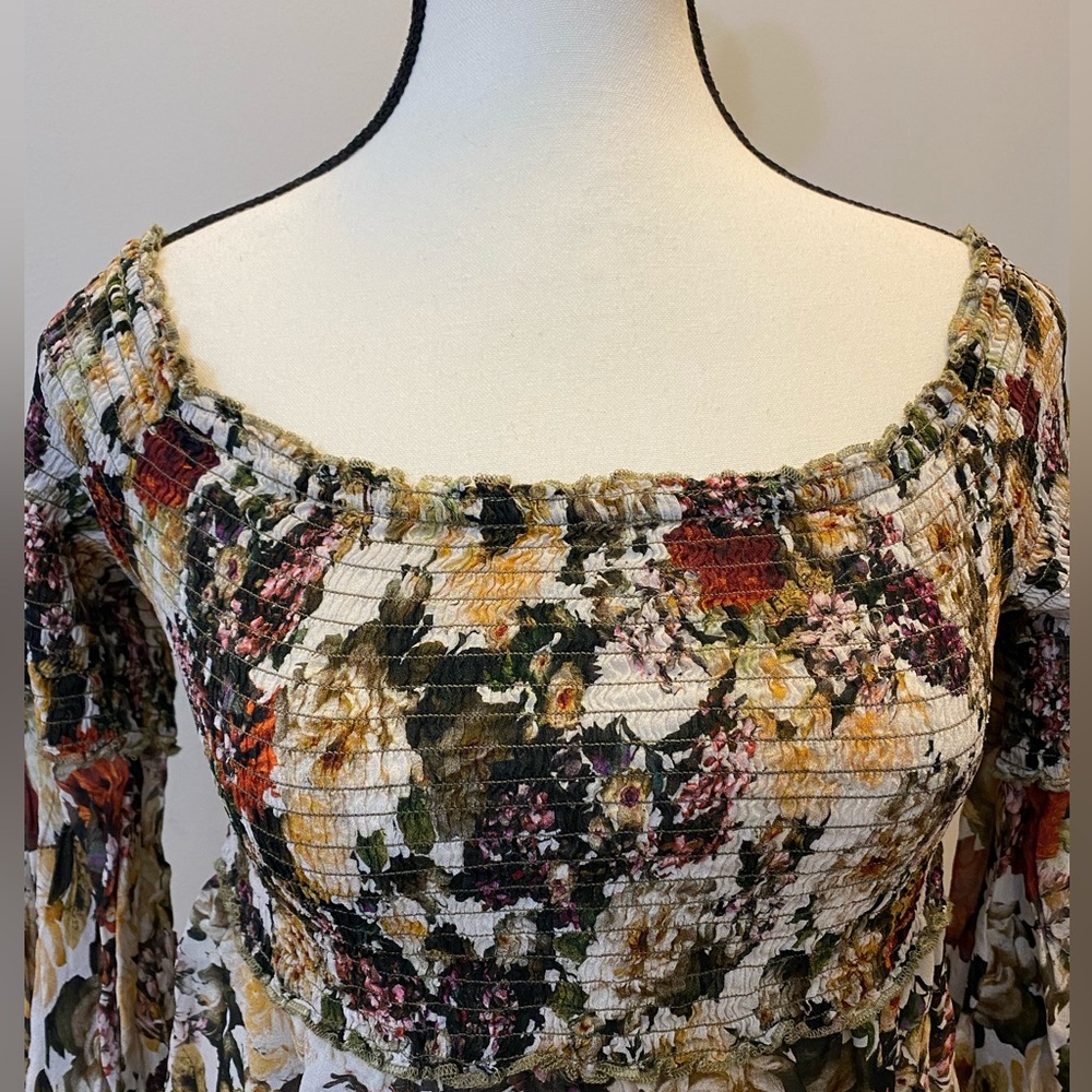 Bailey 44 Floral Smocked Babydoll Top Bell Sleeves Size L feminine whimsigoth